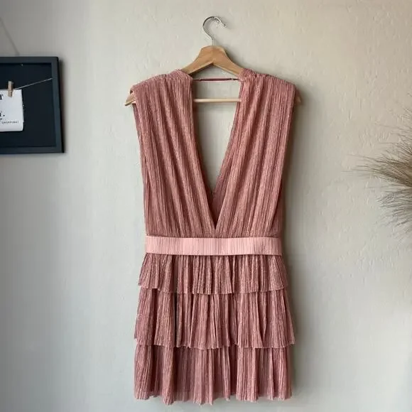 Sabina Musayev Dress Skylar Pink‎ Metallic Plisse V-Neck Sleeveless Minidress M - Picture 6 of 9